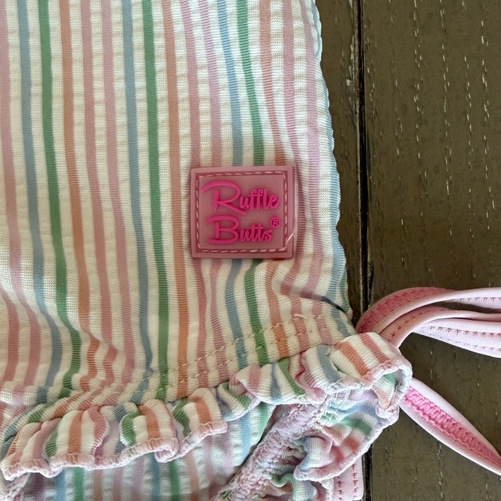 Ruffle Butts Girls’ Pink Pastel Seersucker Long-Sleeve Swimsuit • Size: 18-24M - Picture 3 of 10